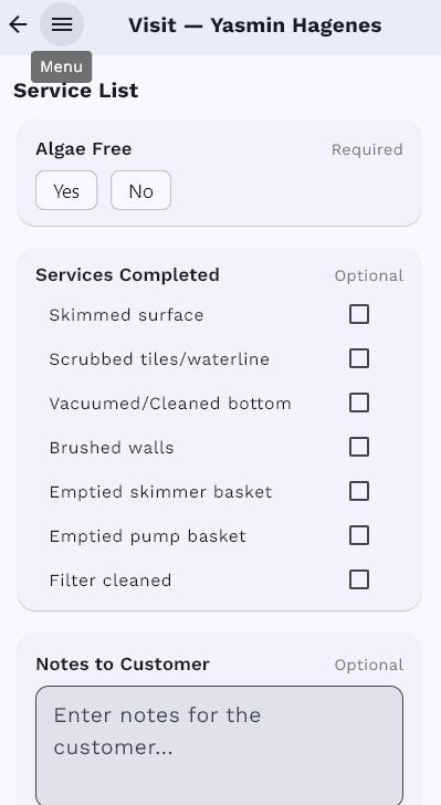 EZ Pool Biller mobile pool service app — per-visit technician checklist for residential pool route stops (algae check, skim, brush, filter)