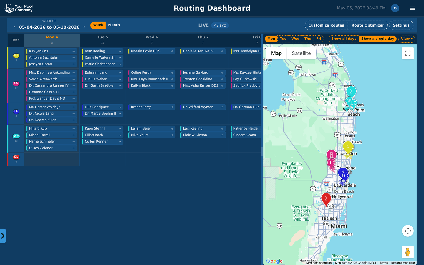 EZ Pool Biller pool service route scheduling dashboard — a week of pool service appointments with an interactive route optimization map