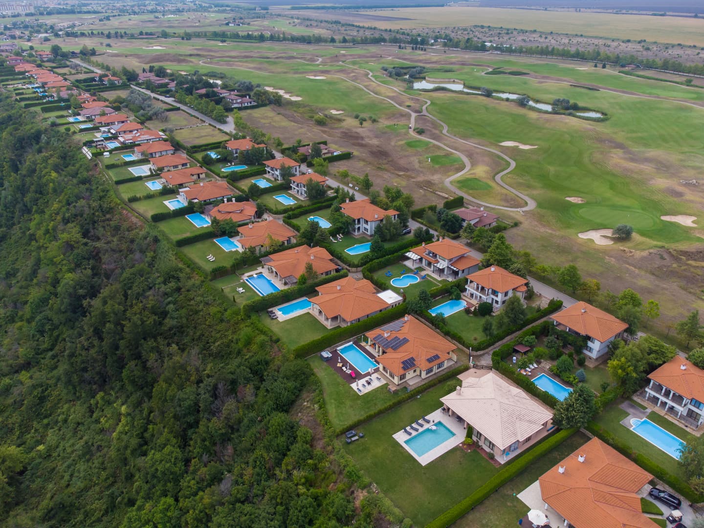 Aerial view of a residential neighborhood with high backyard pool density — the kind of geography that supports a profitable pool service route