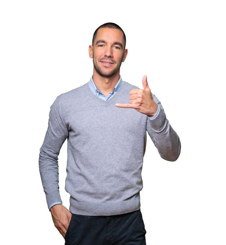 Friendly professional making a call gesture